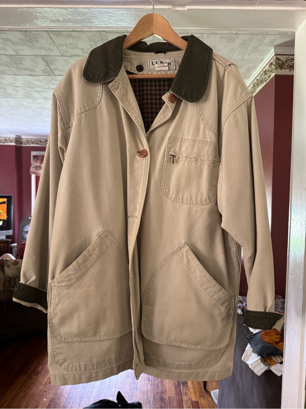 L.L. Bean Women's Beige Canvas Barn Coat with Dark Brown Corduroy Collar